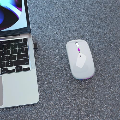 AIKOKOK Wireless Bluetooth Mouse, Rechargeable, Dual Mode Bluetooth 5.2 & 2.4G USB, LED Lights, Slim, Silent, Portable Computer Mouse for Laptop, PC, MacBook, iPad, Tablet (Silver) - color: Silver