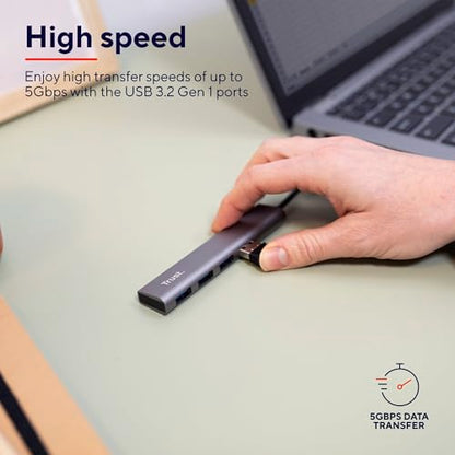 Trust Halyx USB Hub 4-Port USB-A 3.2 Gen 1, 5 Gbps Data Transfer Speed, Thin and Compact Data Hub, Plug & Play, Slim Portable USB Splitter for Computer, PC, Desktop, Laptop, MacBook