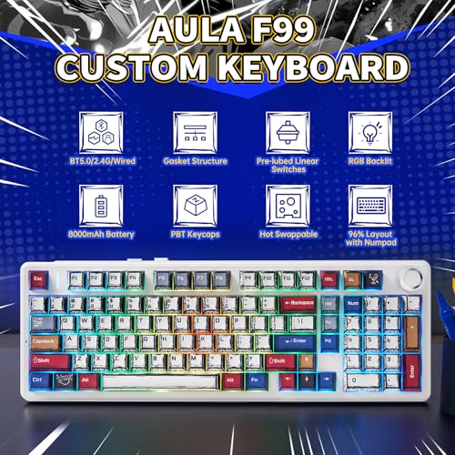 x Aula F99 Pro Mechanical Keyboard, Wireless Gaming Keyboards RGB Backlit Hot Swappable Custom Creamy Bluetooth Computer Keyboard, Tri-Mode BT5.0/2.4GHz/USB-C, Pre-lubed Switches PBT Keycaps - color: Black