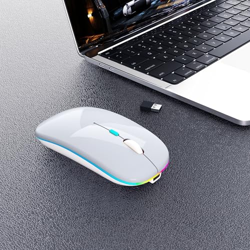 AIKOKOK Wireless Bluetooth Mouse, Rechargeable, Dual Mode Bluetooth 5.2 & 2.4G USB, LED Lights, Slim, Silent, Portable Computer Mouse for Laptop, PC, MacBook, iPad, Tablet (Silver) - color: Silver