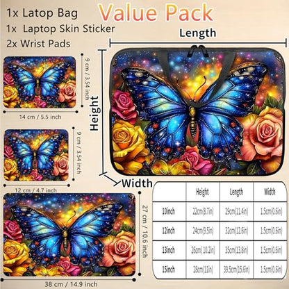 10 inch Laptop Sleeve with Laptop Skin Sticker Set – Slim Protective Case with Smooth Zipper, Lightweight Tablet & Notebook Sleeve for Travel & Daily Carry, Rose Blue Butterfly - color: Rose Blue Butterfly, size: 10 inch