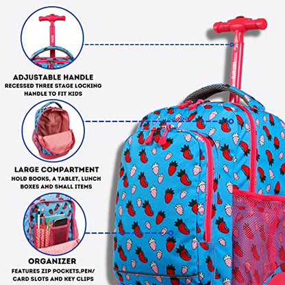 J World Sunny Rolling Backpack for Kids. Roller Bag With Wheels, Strawberry - color: Strawberry