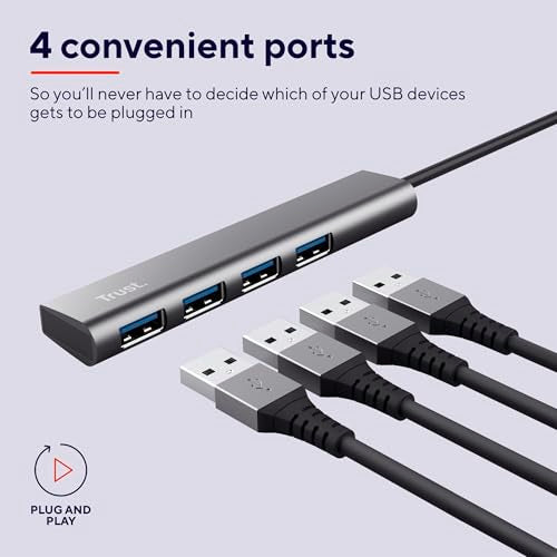 Trust Halyx USB Hub 4-Port USB-A 3.2 Gen 1, 5 Gbps Data Transfer Speed, Thin and Compact Data Hub, Plug & Play, Slim Portable USB Splitter for Computer, PC, Desktop, Laptop, MacBook