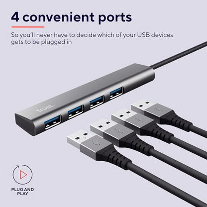 Trust Halyx USB Hub 4-Port USB-A 3.2 Gen 1, 5 Gbps Data Transfer Speed, Thin and Compact Data Hub, Plug & Play, Slim Portable USB Splitter for Computer, PC, Desktop, Laptop, MacBook