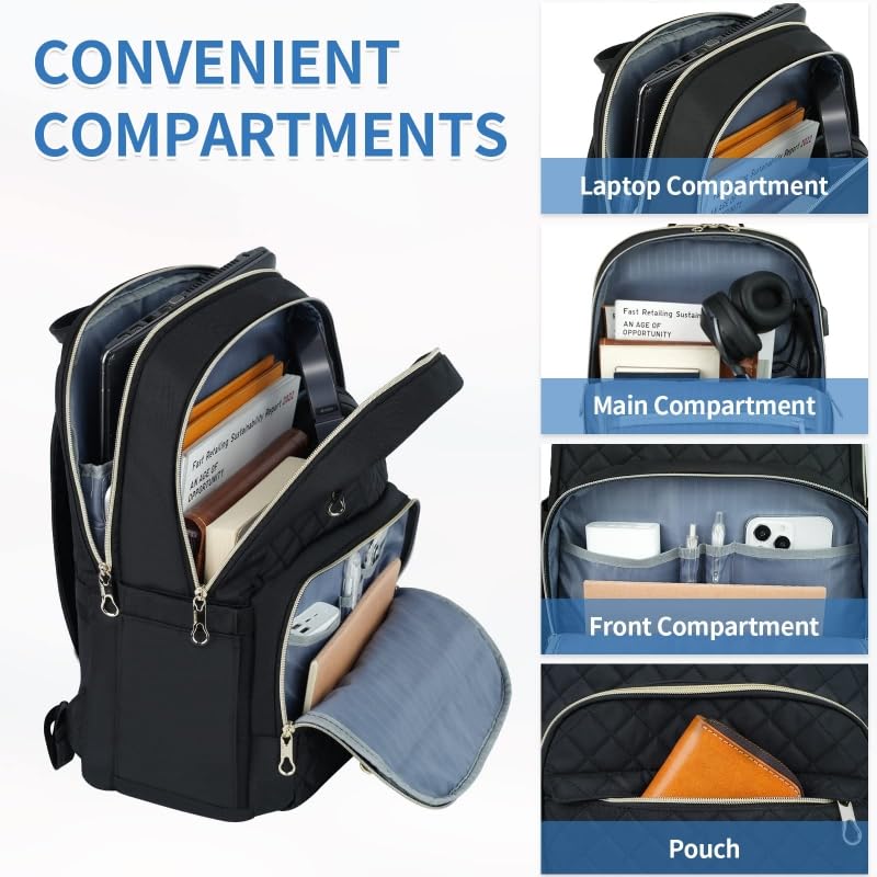 KROSER Laptop Backpack 15.6 Inch Stylish Daypack with USB Charging Port, Water-repellent Nylon Backpack Backpack for Travel/Business/Women/Black | Water-repellent fabric, multi-compartment,adjustable padded shoulder straps and luggage strap-Black - color: