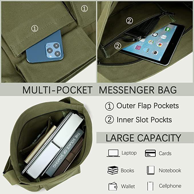 Canvas Messenger Bag Large Crossbody Bag with Multiple Pockets Canvas Shoulder Tote Bag for Women and Men - color: Army Green