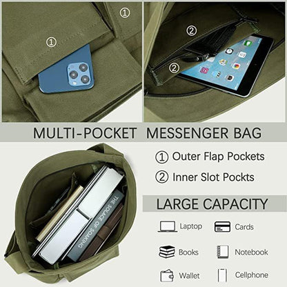 Canvas Messenger Bag Large Crossbody Bag with Multiple Pockets Canvas Shoulder Tote Bag for Women and Men - color: Army Green
