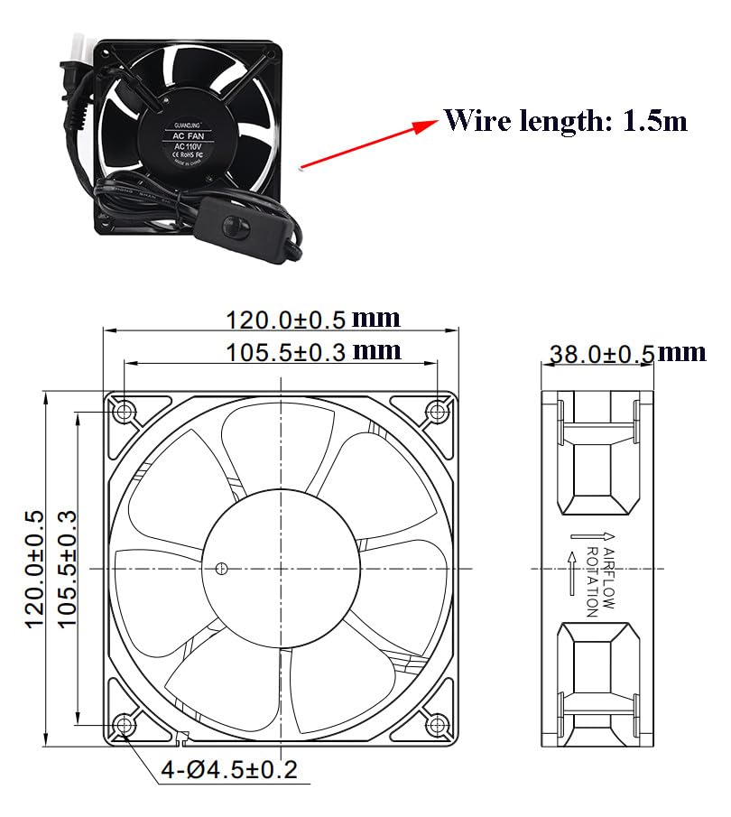 12038 Cooling Fan 12cm 120mm X 38mm AC Ball Bearing with AC Plug and Switch 110V - style: 12038 Fan AC Switch
