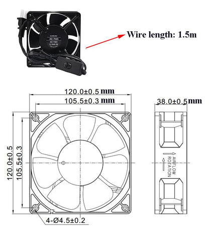 12038 Cooling Fan 12cm 120mm X 38mm AC Ball Bearing with AC Plug and Switch 110V - style: 12038 Fan AC Switch