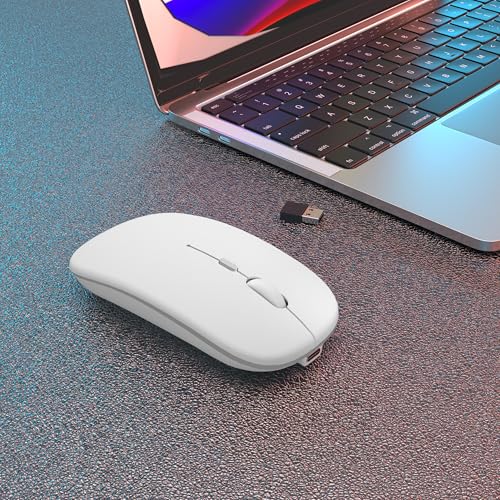 AIKOKOK Wireless Bluetooth Mouse, Rechargeable, Dual Mode Bluetooth 5.2 & 2.4G USB, LED Lights, Slim, Silent, Portable Computer Mouse for Laptop, PC, MacBook, iPad, Tablet (Bright White) - color: Bright White