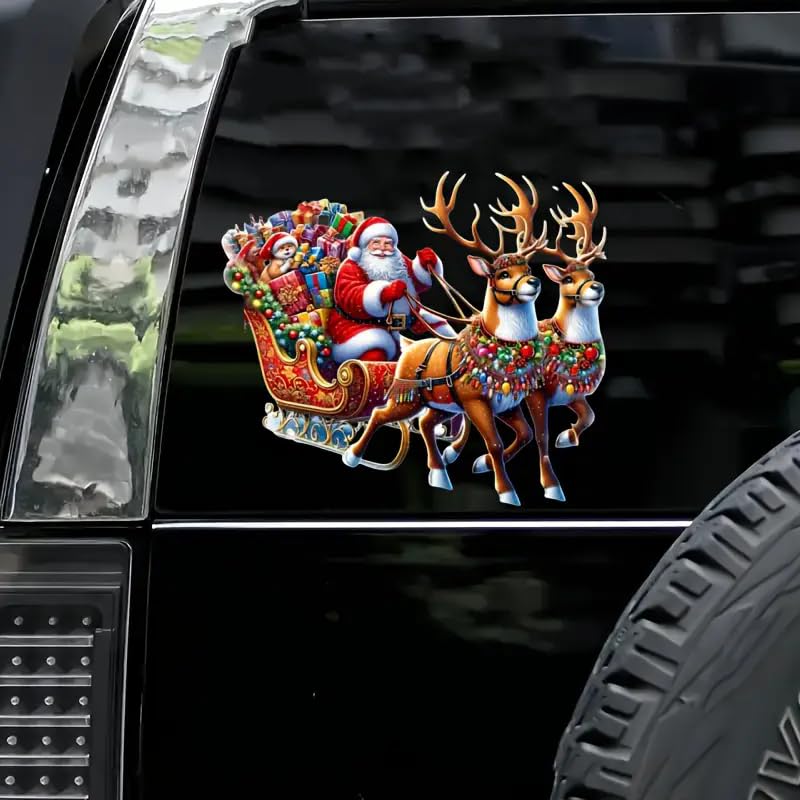 Christmas Santa Claus Reindeer Gift PVC Vinyl Car Decals Stickers Waterproof Self-Adhesive Decals for Cars, Laptops, Trucks, Motorcycles Wall Window Luggage Scratch Cover Door Decor Sticker