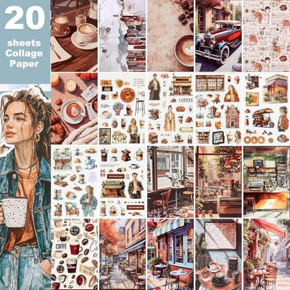 Scrapbooking Stickers - 500 Pre-Cut Washi Stickers & 20 Scrapbook Papers Coffee and People Sticker Books for journaling Scrapbooking Supplies - color: Coffee