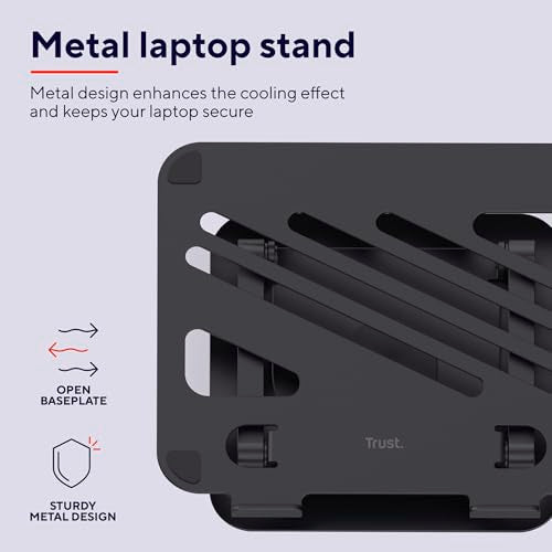 Trust Zeff Ergonomic Laptop Stand for Desk with 360 Degrees Rotation, 16" Foldable Metal Laptop Riser, Height Adjustable, Laptop Holder for MacBook Tablet Dell HP Computer Home Office - Black