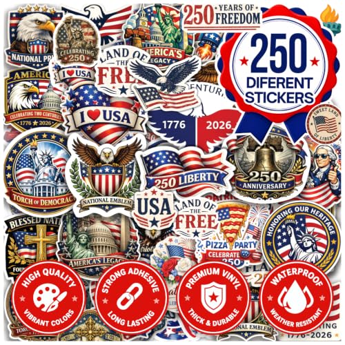 250 Pcs United States 250th Anniversary Stickers – 250 Unique Designs USA Vinyl Decals, Waterproof Stickers for Laptop, Water Bottle, Phone, Luggage, Scrapbook & Independence Day Celebration - color: 250th Anniversary Stickers, size: 250 Pcs