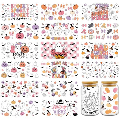 Rngmsi Halloween UV DTF Stickers - 18 Sheets Cute Ghost UV DTF Cup Wraps for 16 oz Glass, Pumpkin Bow Bat Rub on Transfer Stickers, Waterproof Uvdtf Decals for Water Bottle, DIY Halloween Crafts - style: Halloween