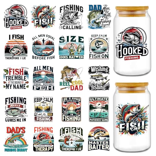Rngmsi UV DTF Cup Wrap - 20 Sheets Fly Fishing UV DTF Cup Wraps for 16 oz Glass, Funny Stickers for Water Botters, Waterproof Rub on Transfer Decals, DIY Crafts Fishing Lover Gifts - style: Fishing