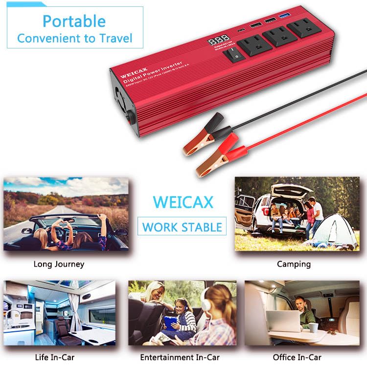 HearGrow 600W Modified Sine Wave Car Power Inverter 12 Volt Power Inverter to 110V Car Charger Converter 4 USB Ports + 3 AC Outlet for Car Appliances, Outdoor Camping, Emergency Backup