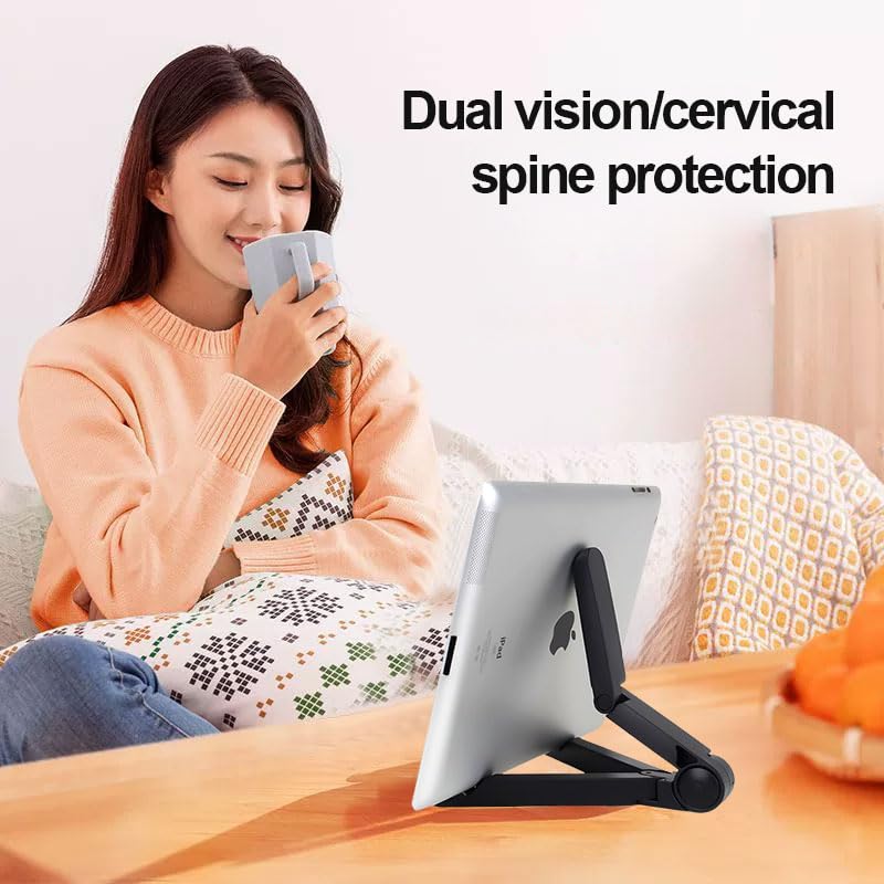 Tablet Stand Holder, Foldable Triangular Stand Holder with Dual Axis 180° Adjustable and Non-Slip Mats, Compact Desktop Holders for Universal Phone Laptop Monitors, up to 10" Devices, Black