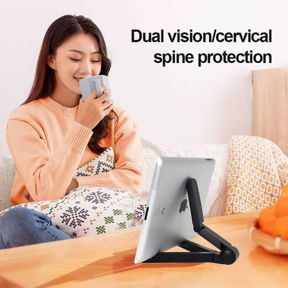 Tablet Stand Holder, Foldable Triangular Stand Holder with Dual Axis 180° Adjustable and Non-Slip Mats, Compact Desktop Holders for Universal Phone Laptop Monitors, up to 10" Devices, Black