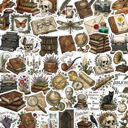 100 Pcs Dark Academia Stickers Gothic Bookish Decals | Book Lover Stickers, Glossy Waterproof Vinyl, Gothic Book Design, Vintage Aesthetic Sticker for Water Bottle Laptop Journal - style: Dark Academia