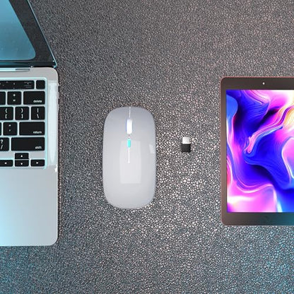 AIKOKOK Wireless Bluetooth Mouse, Rechargeable, Dual Mode Bluetooth 5.2 & 2.4G USB, LED Lights, Slim, Silent, Portable Computer Mouse for Laptop, PC, MacBook, iPad, Tablet (Silver) - color: Silver
