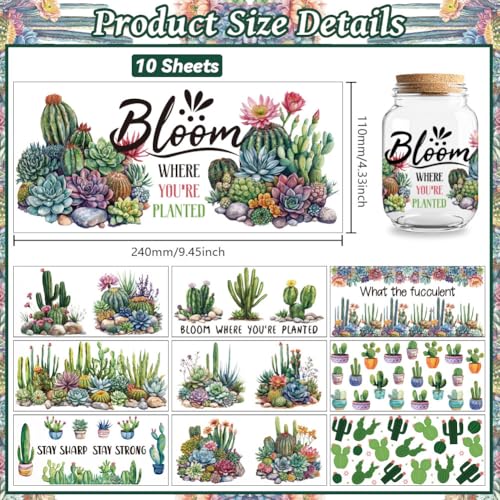 UV DTF Cup Wraps Transfer Stickers Cactus Pattern, 10 Sheets Waterproof Custom Vinyl Transfer Sticker 16oz Coffee Glass Cup Tumbler Bottle Mug Decals for Men Women | Waterproof UV DTF Stickers, Custom Vinyl Decals for 16oz Coffee Cups Tumblers Bottles Mug