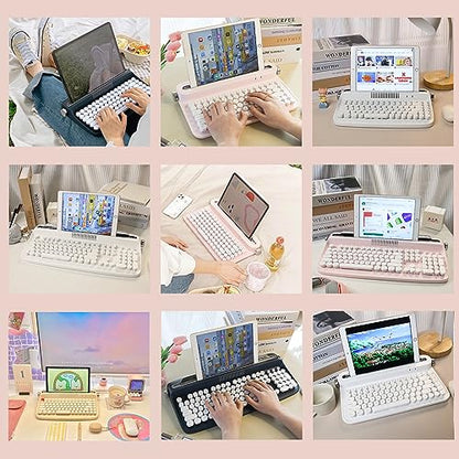 YUNZII ACTTO B303 Wireless Typewriter Keyboard, Bluetooth Connection, Cute Retro Aesthetic Design with Integrated Stand for Tablet, Phone, PC and Win/Mac/Android(B303, Baby Pink) - style: Baby Pink