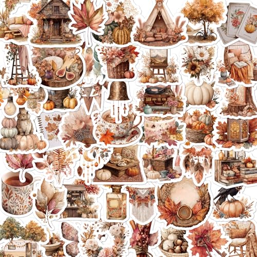 50 Pcs Fall Autumn Aesthetic Stickers Pumpkin Scrapbook Stickers | Fall Pumpkin Leaf Desgin, Waterproof, Vinyl Decals for Water Bottle Luggage Laptop Journal - style: Fall