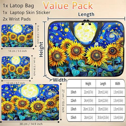 10 inch Laptop Sleeve with Laptop Skin Sticker Set – Slim Protective Case with Smooth Zipper, Lightweight Tablet & Notebook Sleeve for Travel & Daily Carry, Sunflower Art Moon - color: Sunflower Art Moon, size: 10 inch