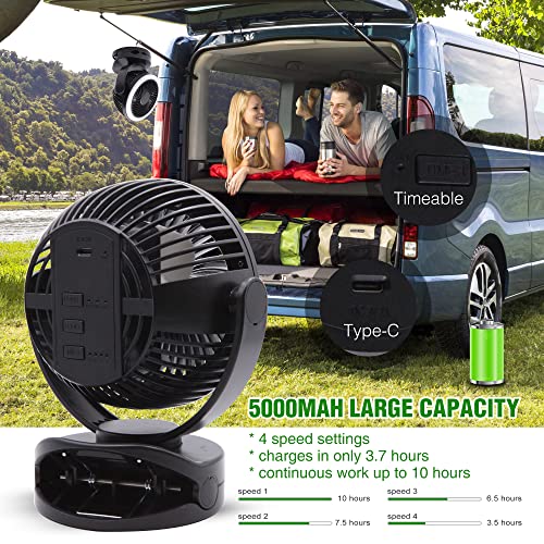 Rechargeable RV Cooling Fan Light, 4-Speed Portable Desk Fan, Dia: 5.5inch, Rotatable Clip-On & Wall-Mount Fan for Home Office RV Travel, 5000mAh Battery - color: Black
