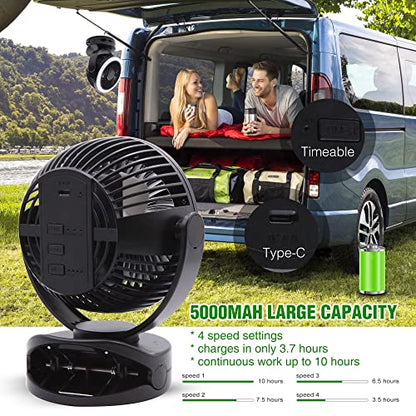 Rechargeable RV Cooling Fan Light, 4-Speed Portable Desk Fan, Dia: 5.5inch, Rotatable Clip-On & Wall-Mount Fan for Home Office RV Travel, 5000mAh Battery - color: Black