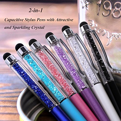 Stylus Pens, Besgoods 6Pcs Crystal 2 in 1 Slim Capacitive Stylus &Ballpoint Pen for Touch Screens, Phones and Tablets, Sky Blue Pink Purple Royal Blue Black White