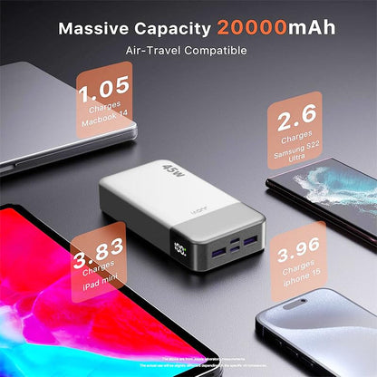 JUOVI Portable Charger 45W 20000mAh Fasting Charging Power Bank | USB C Portable Phone Charger, Battery Pack with PD 3.0 & QC 4.0 for Samsung S26/25/24 iPhone 17/16/15/14/13 Series - color: White