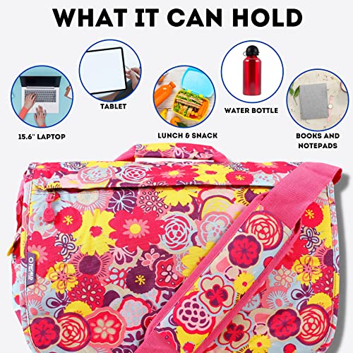 J World New York Thomas Laptop Messenger Bag for Women & Men. Kids Computer Bookbag - color: Poppy Pansy