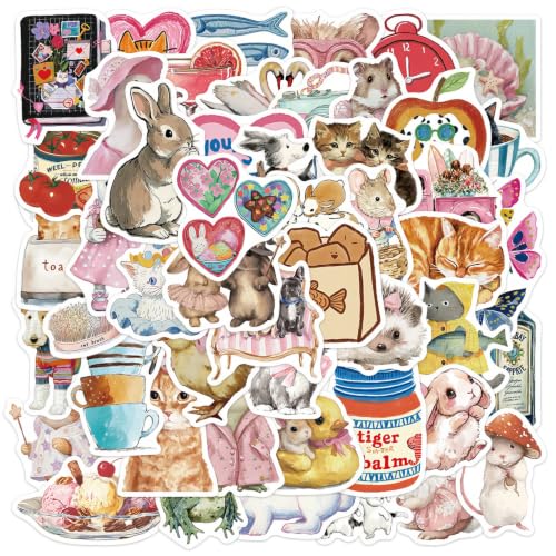 50PCS Cute Watercolor Animal Stickers Vinyl Waterproof Aesthetic Cartoon | Water Bottles, Journals, Laptops, Scrapbooking, Whimsical Decor, Adults - style: animal