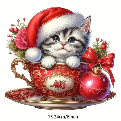 Merry Christmas Cat Ball Hat PVC Vinyl Car Decals Stickers Waterproof Self-Adhesive Decals for Cars, Laptops, Trucks, Motorcycles Wall Window Luggage Scratch Cover Door Decor Sticker