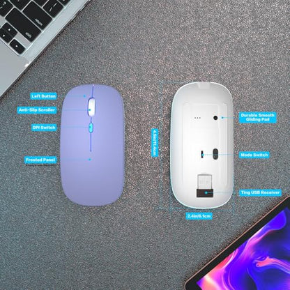 AIKOKOK Wireless Bluetooth Mouse, Rechargeable, Dual Mode Bluetooth 5.2 & 2.4G USB, LED Lights, Slim, Silent, Portable Computer Mouse for Laptop, PC, MacBook, iPad, Tablet (Purple) - color: Purple
