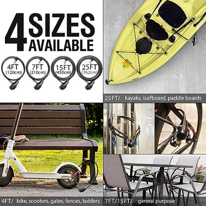 MARQUE Bike Lock with Key – 3/8” (4Ft, 7Ft, 15Ft, 25Ft) Straight Cable Locks with Keys, Anti-Theft Security Cable for Bicycles, Scooters, Kayaks, Paddle Boards, Gates - color: 4 FT