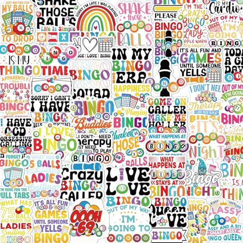 50 Pcs Funny Bingo Stickers for Adults Bingo Accessories Stickers | Bingo Game Sticker, Glossy Waterproof Vinyl, Bingo Phrases, Game Night Decals for Luggage Laptop Journal Water Bottle Party - style: Bingo