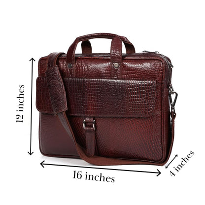 16" Crocodile Embossed Leather Laptop Briefcase, 5 Zipper Pockets, 2 Spacious Compartments, 16x12x4 inches. - color: Classic Brown