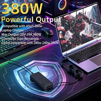 380W 280W 20V 19A GaN Laptop Charger Replacement for Asus Rog Strix Scar | 2025 power supply Cord for rog strix scar 18 16 G635 G16 G18 G815 G835 zephyrus G14 Tuf Gaming F16 A16 ADP-380ABB AC Adapter