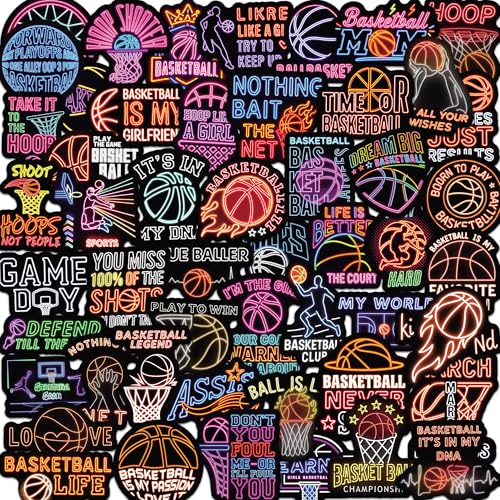 DETICKERS Neon Basketball Stickers for Basketball Fans Boys Water Bottles 50 PCS Waterproof Vinyl Sports Stickers Team Gifts - style: Neon Basketball