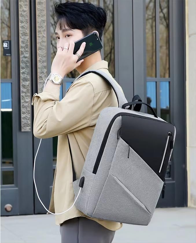 Modern Laptop Backpack with USB Charging Port, Gray Business Travel Bag, Water Resistant, Multiple Compartments, for 15.6 Inch Computers