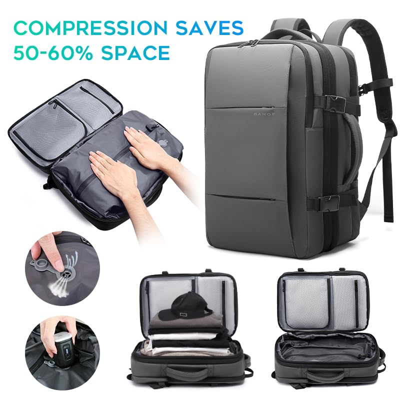 BANGE Backpack with Anti-Theft Vacuum Compression Travel Backpack,Expandable Backpacks with Pump for Airplanes - color: Grey