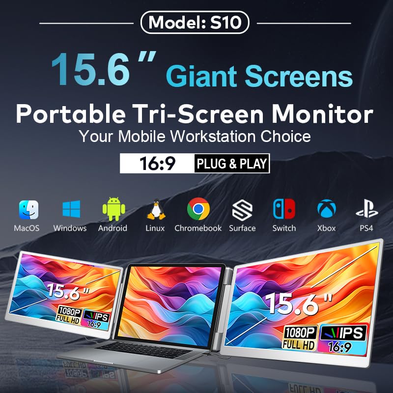 15.6" Laptop Screen Extender for Triple Display - FHD 1080P Portable Monitor For Laptop - Compatible with MacOS/Windows/Android - USB C Detachable Plug & Play Extended Screen for 12-17" Laptops