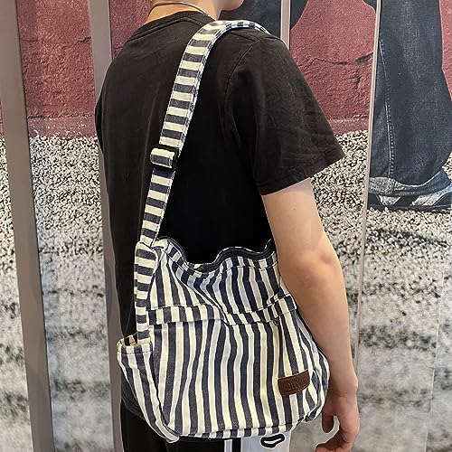 Large Canvas Messenger Bag with Multiple Pockets for Men and Women, Crossbody Shoulder Tote Hobo Laptop Bag - color: 92 - Blue Line