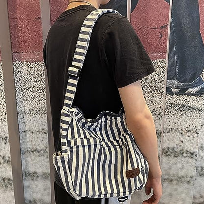 Large Canvas Messenger Bag with Multiple Pockets for Men and Women, Crossbody Shoulder Tote Hobo Laptop Bag - color: 92 - Blue Line