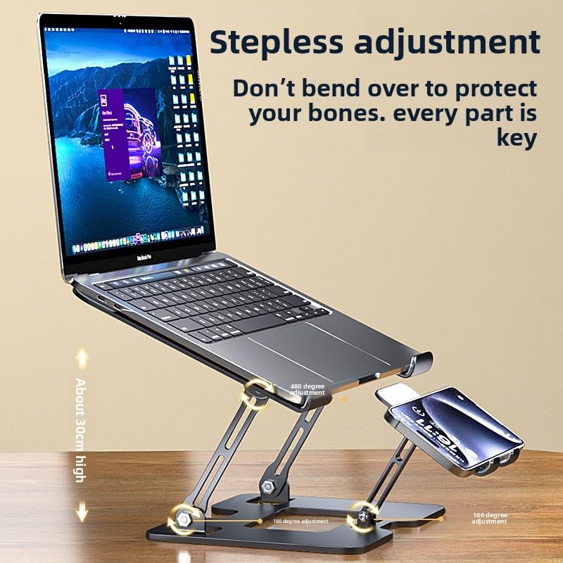 Laptop Cooling Stand (with 2 Silent Cooling Fans), Adjustable Height (with Detachable Phone Holder), Ergonomic Foldable Stand, Aluminum Alloy Cooling Base, Compatible with 10-17 inch laptops