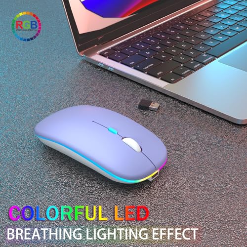 AIKOKOK Wireless Bluetooth Mouse, Rechargeable, Dual Mode Bluetooth 5.2 & 2.4G USB, LED Lights, Slim, Silent, Portable Computer Mouse for Laptop, PC, MacBook, iPad, Tablet (Purple) - color: Purple