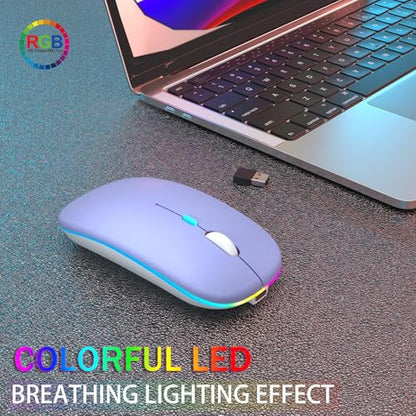 AIKOKOK Wireless Bluetooth Mouse, Rechargeable, Dual Mode Bluetooth 5.2 & 2.4G USB, LED Lights, Slim, Silent, Portable Computer Mouse for Laptop, PC, MacBook, iPad, Tablet (Purple) - color: Purple